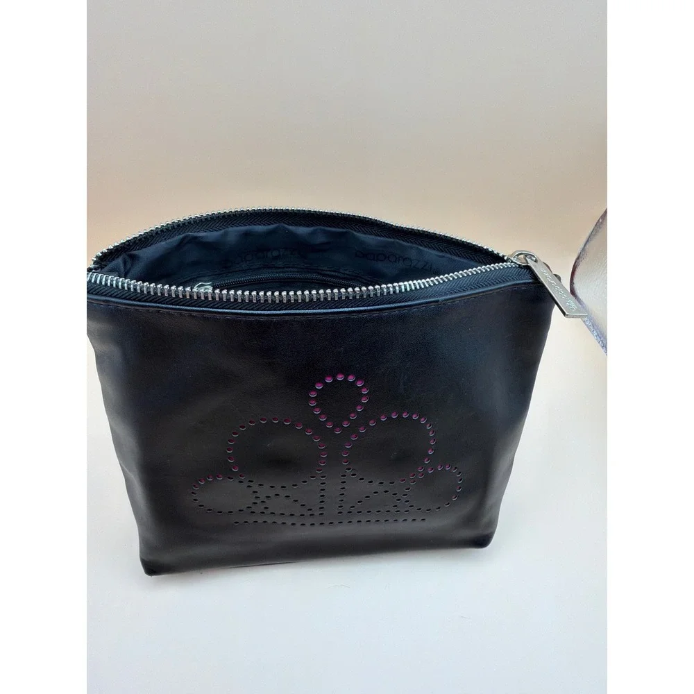 Paparazzi Accessories Black Faux Leather Makeup Bag Pink Perforated Crown‎ Logo